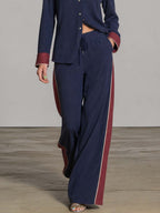 Retro Western Star-Embroidered Navy And Burgundy Cotton-Linen Shirt And Wide-Leg Pants Set