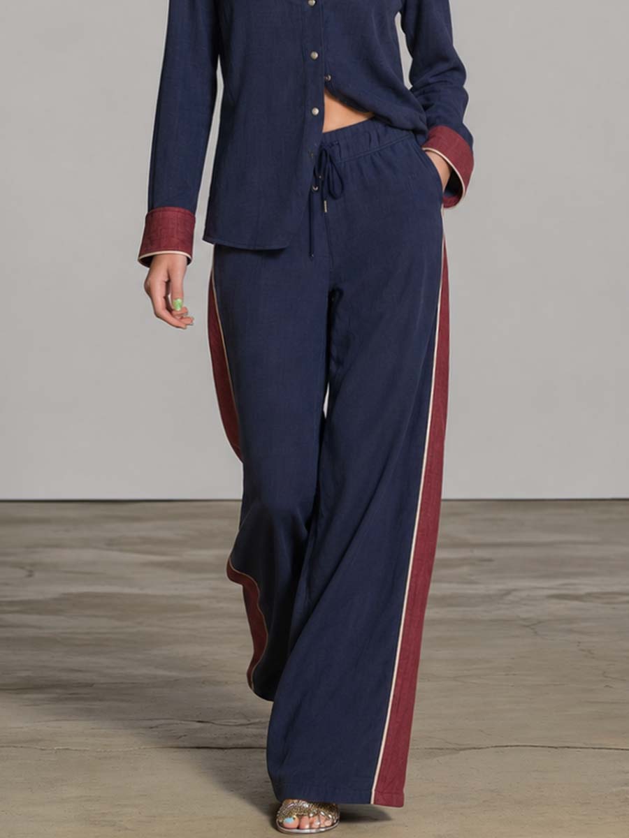 Retro Western Star-Embroidered Navy And Burgundy Cotton-Linen Shirt And Wide-Leg Pants Set