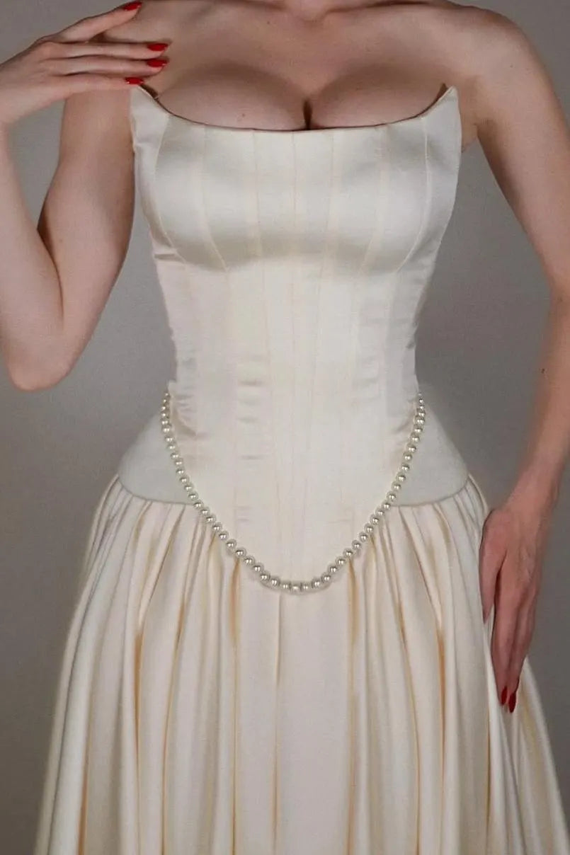 Cocoslly Strapless Sleeveless Long A Line Prom Dress With Pleated Beading