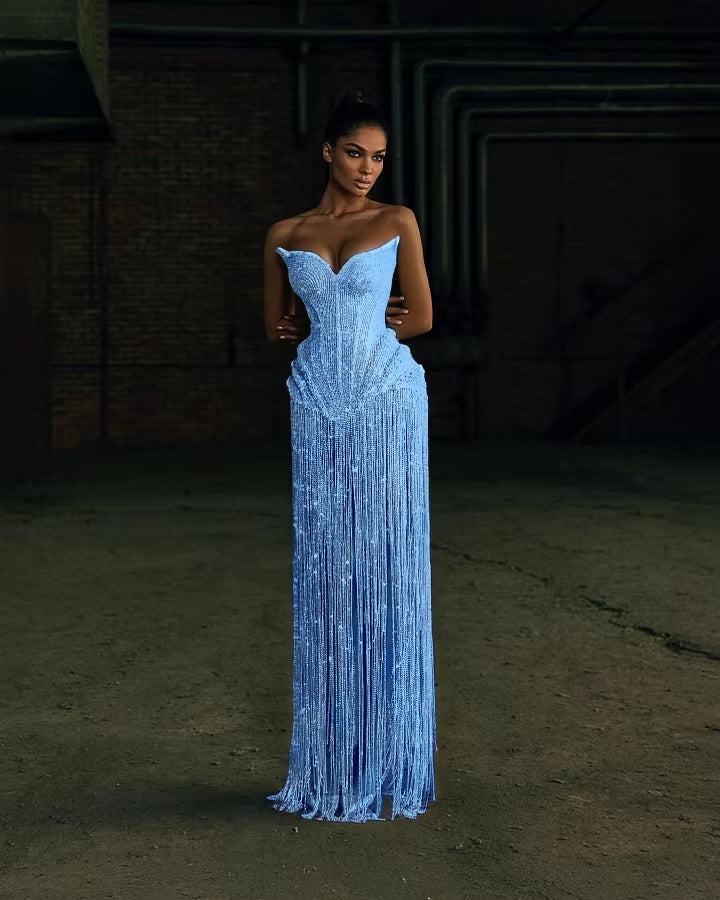 Cocoslly Strapless Sleeveless High Waist Long Prom Dress | Silver White Beading Pearls YK1253