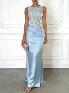 Blue Embroidery Satin Crew Neck Sleeveless Sheath Gown Dress