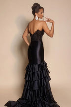 Cocoslly Strapless Sleeveless High Waist Long Split Prom Dress With Rhinstone And Ruffles | Black Satin CO0153