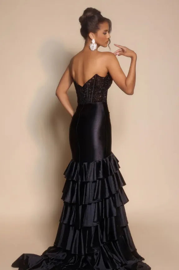Cocoslly Strapless Sleeveless High Waist Long Split Prom Dress With Rhinstone And Ruffles | Black Satin CO0153