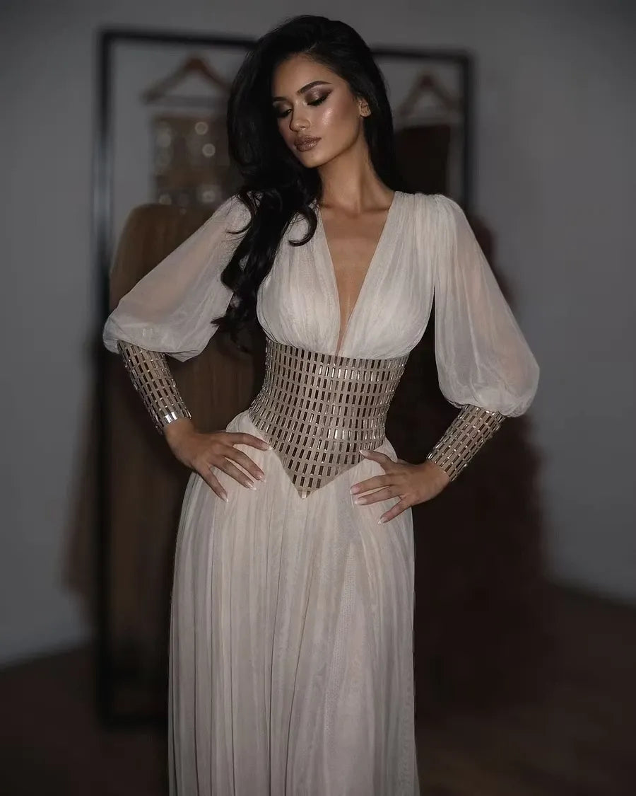 Cocoslly V-Neck Long Sleeves High Waist Long Prom Dress With Rhinstone | White Chiffon LR0373