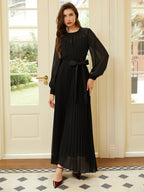 Black Pleated Mesh Chiffon Crew Neck Long Sleeve Balloon Sleeve A-Line Maxi Dress