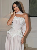 Cocoslly Strapless Sleeveless Long Prom Dress With Applique And Scarf | Ivory Satin CO0077