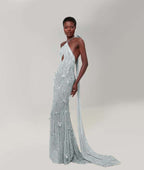 Cocoslly Halter Sleeveless High Waist Long Mermaid Prom Dress With Sequins | Nude Champage Chiffon YK1282