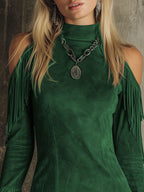 Semi-high Neck Off-the-shoulder Fringed Faux Suede Long-sleeved Mini Dress
