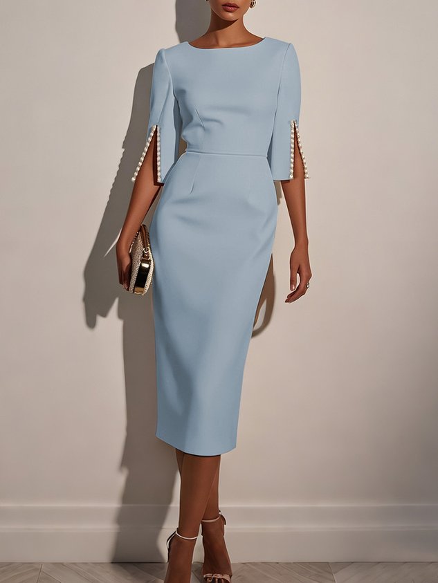 White Faux Pearl Classic Crew Neck Half Sleeve Sheath Midi Dress