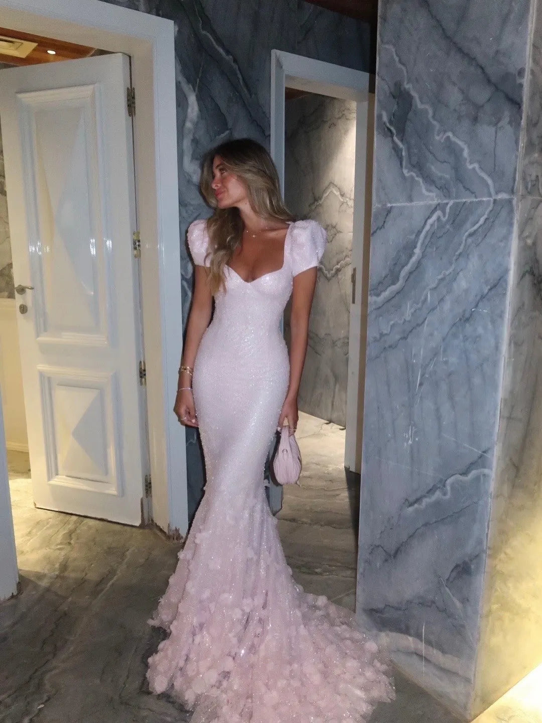 Cocoslly Short Sleeves High Waist Long Mermaid Prom Dress With Flowers | Blushing Pink Sequins WT0134