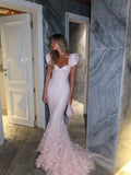 Cocoslly Short Sleeves High Waist Long Mermaid Prom Dress With Flowers | Blushing Pink Sequins WT0134