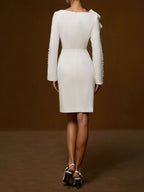 Cream White Bow Long Sleeve Sheath Midi Dress