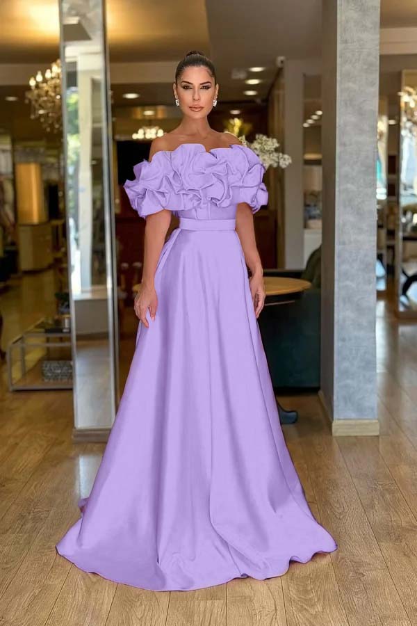 Satin Off-The-Shoulder Strapless High-Waisted Long A-Line Prom Dress With Ruffles JQ0425