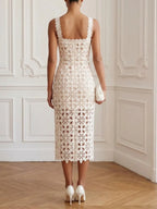 White Hollow Out Lace Square Neck Sleeveless Sheath Midi Dress