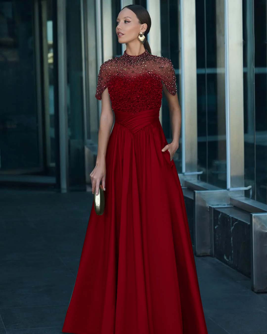 Tulle And Satin High-Neck Short Sleeves Long A-Line Pleated Prom Dress With Pockets And Beadings YK0542