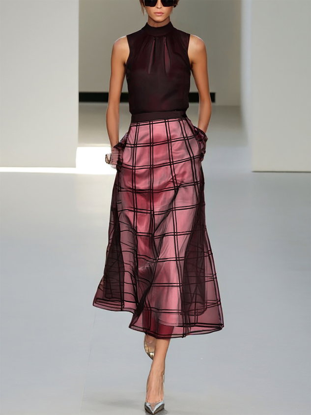 Black Organza Plaid Classic Mock Neck Sleeveless A-Line Midi Dress