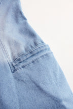 Western Retro Light Blue Denim Sleeveless Raw Edge Wide Leg Zipper Jumpsuit