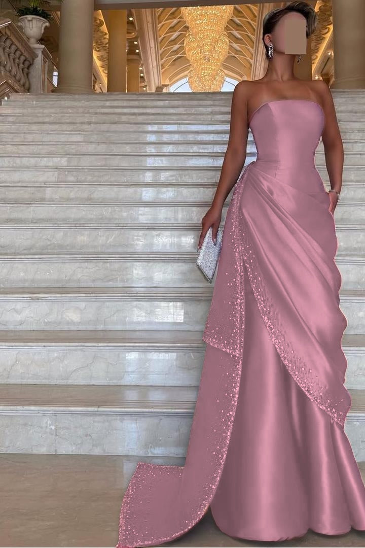 Chic Strapless Sleeveless Long Prom Dress With Pleated Beading WQ0094