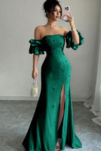 Strapless Bubble Sleeves Long Split Prom Dress With Beading WQ0027