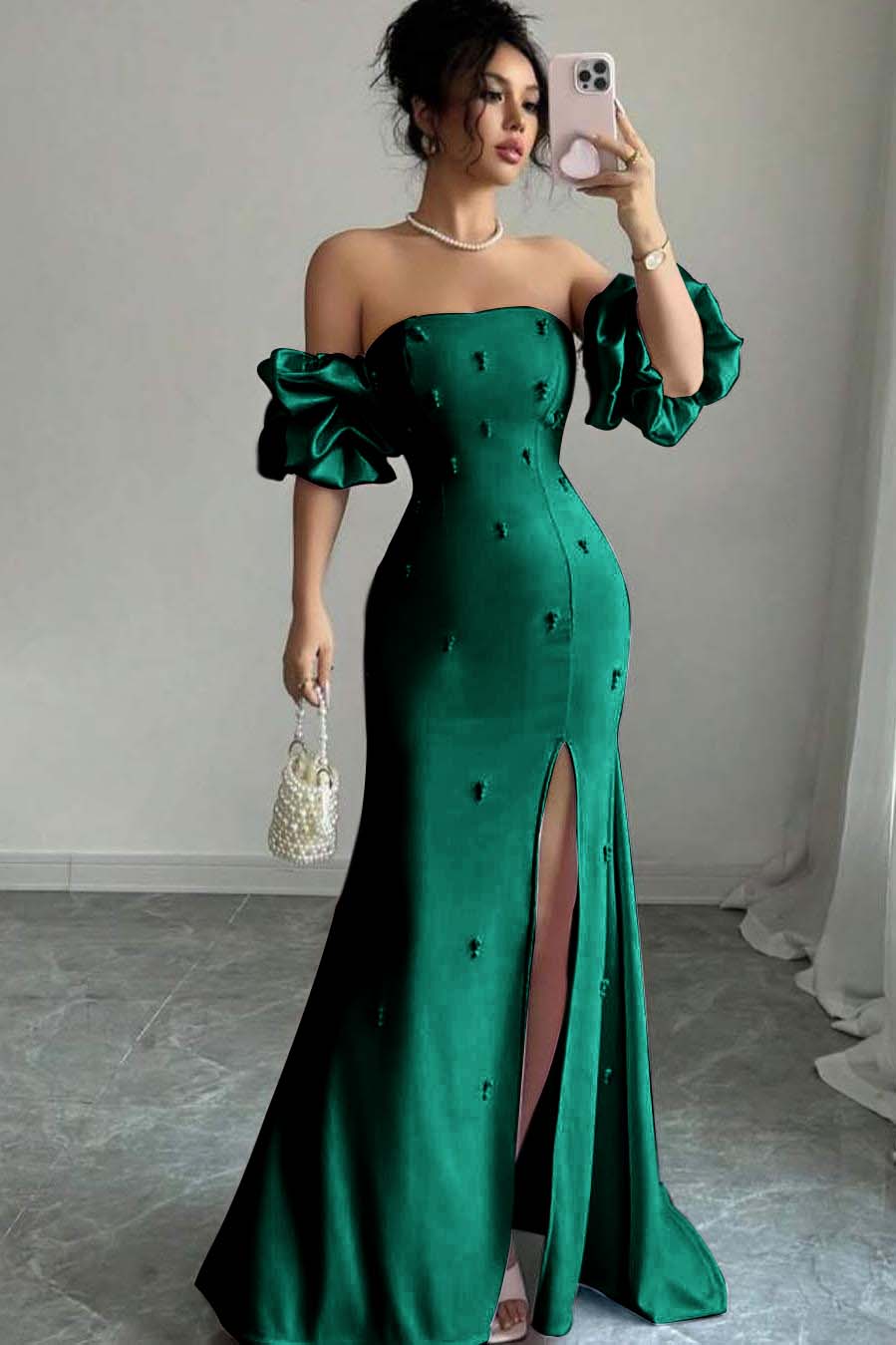 Strapless Bubble Sleeves Long Split Prom Dress With Beading WQ0027