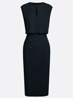 Black Ruched Cut Out Classic Crew Neck Cap Sleeve Sheath Midi Dress