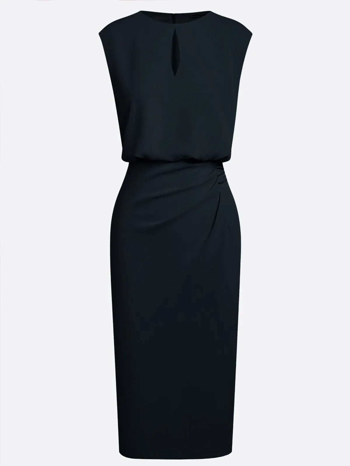 Black Ruched Cut Out Classic Crew Neck Cap Sleeve Sheath Midi Dress