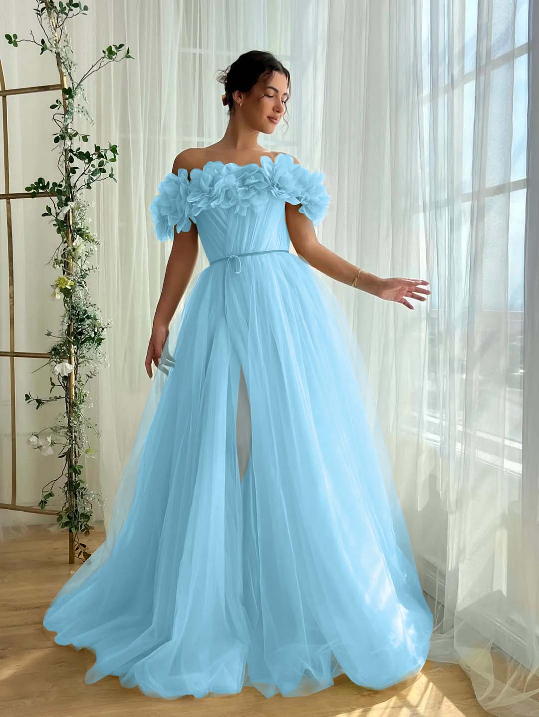 Tulle Off-The-Shoulder Strapless Sleeveless Long Pleated A-Line Prom Dress With Flower Appliques And Split YK0615