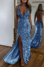 Cocoslly Spaghetti Straps V Neck Sleeveless High Neck Long Prom Dress with Split | Glod Champage  Sequins MS0489