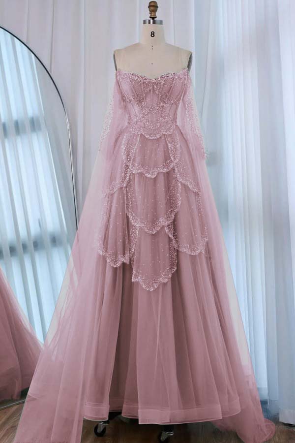 Tulle Strapless Sleeveless High Waist Long A-Line Prom Dress With Beadings And Ruffles WQ0557