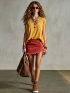 Western Retro Frayed Camel Denim Mini Skirt And Shorts