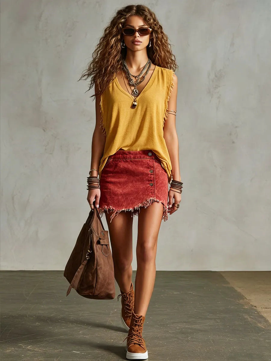 Western Retro Frayed Camel Denim Mini Skirt And Shorts