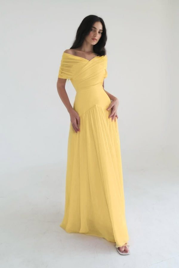 Chiffon Off the Shoulder Sleeveless Long Prom Dress With Pleated WQ0385