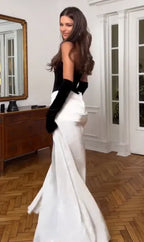 Cocoslly Strapless Sleeveless High Waist Long Mermaid Prom Dress With Gloves | White And Black Satin CO0218