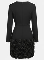 Navy Blue 3D Floral Classic V Neck Long Sleeve Sheath Mini Dress