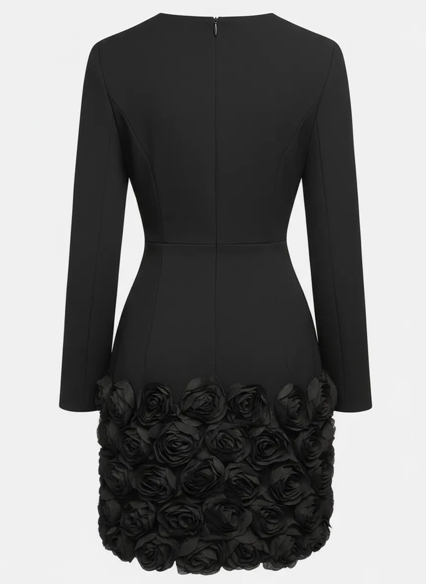Navy Blue 3D Floral Classic V Neck Long Sleeve Sheath Mini Dress