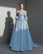 Satin Asymmetric Strapless Sleeveless Long Pleated A-Line Prom Dress With Beadings And Ruffles YK0766