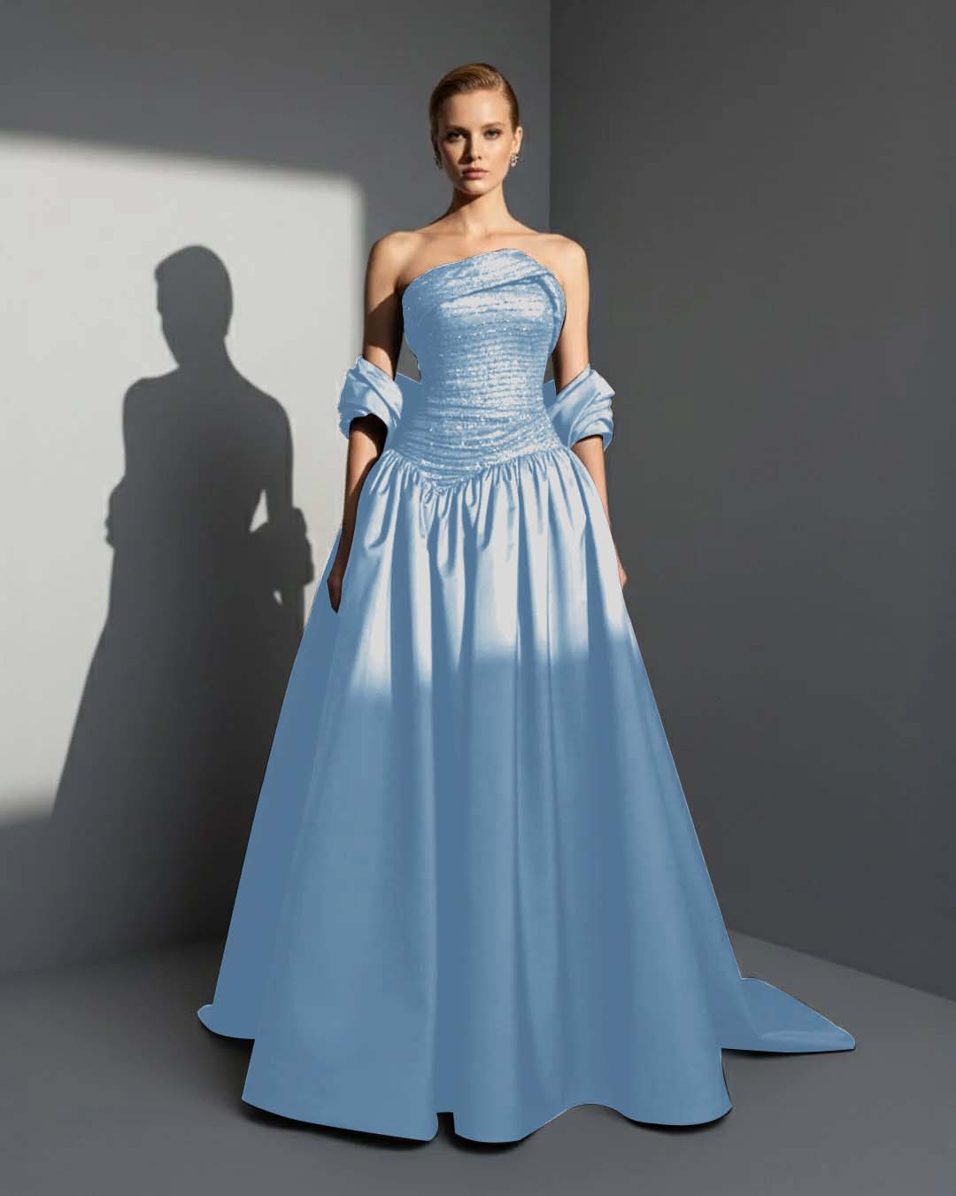 Satin Asymmetric Strapless Sleeveless Long Pleated A-Line Prom Dress With Beadings And Ruffles YK0766