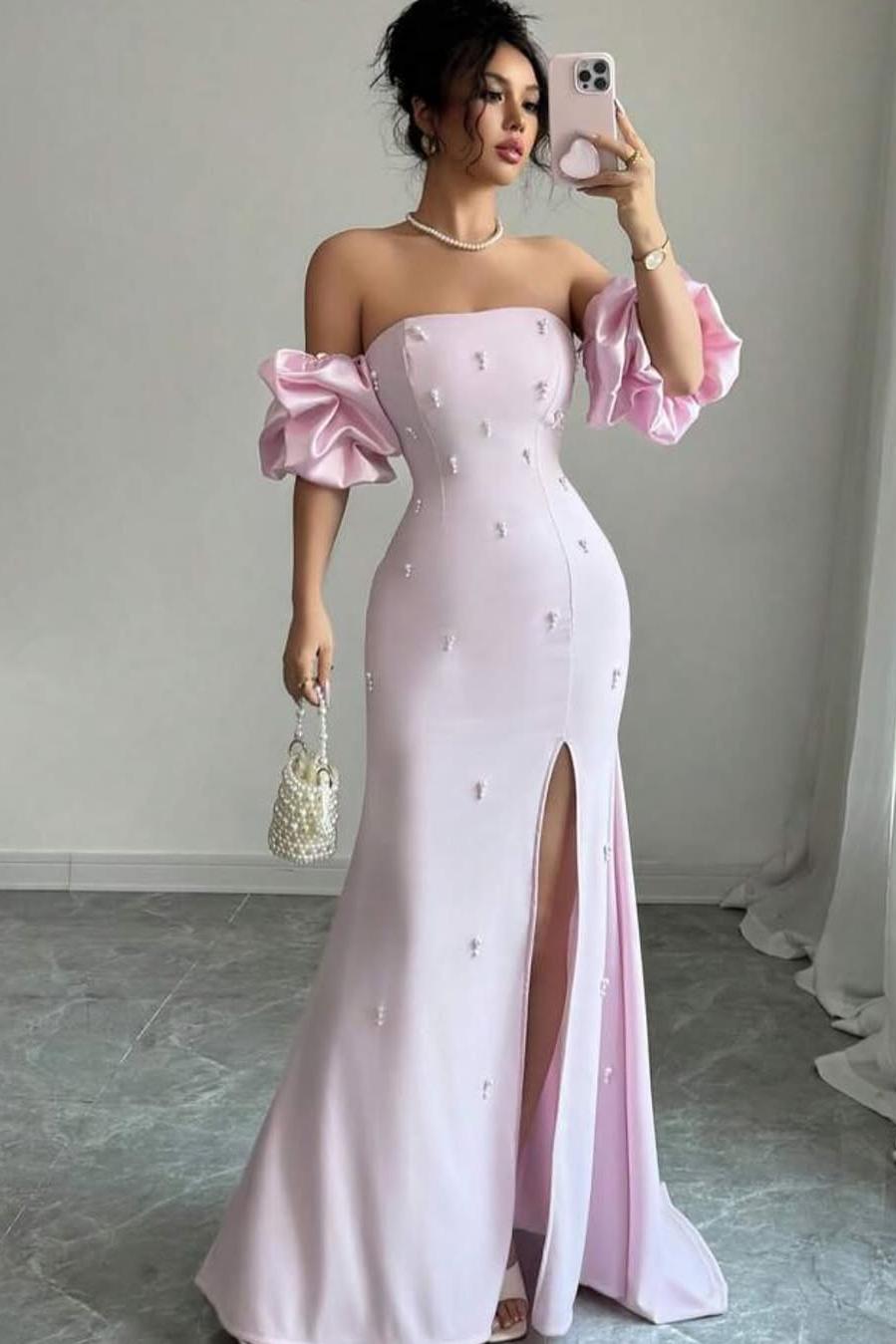 Strapless Bubble Sleeves Long Split Prom Dress With Beading WQ0027