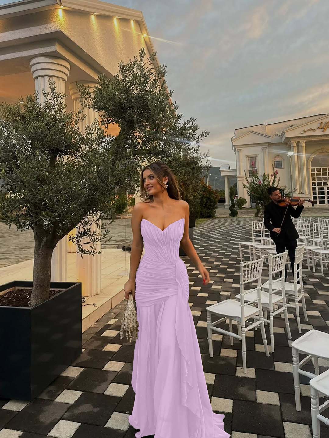 Strapless V Neck Sleeveless Long Prom Dress With Pleated Ruffle YK0492