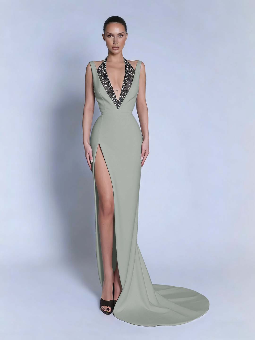 Halter V-Neck Wide Shoulder Straps Sleeveless Long Mermaid Prom Dress With Beadings And Split YK0734