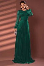 Chiffon Jewel Neck Long Sleeves Long Prom Dress With Pleated WQ0258