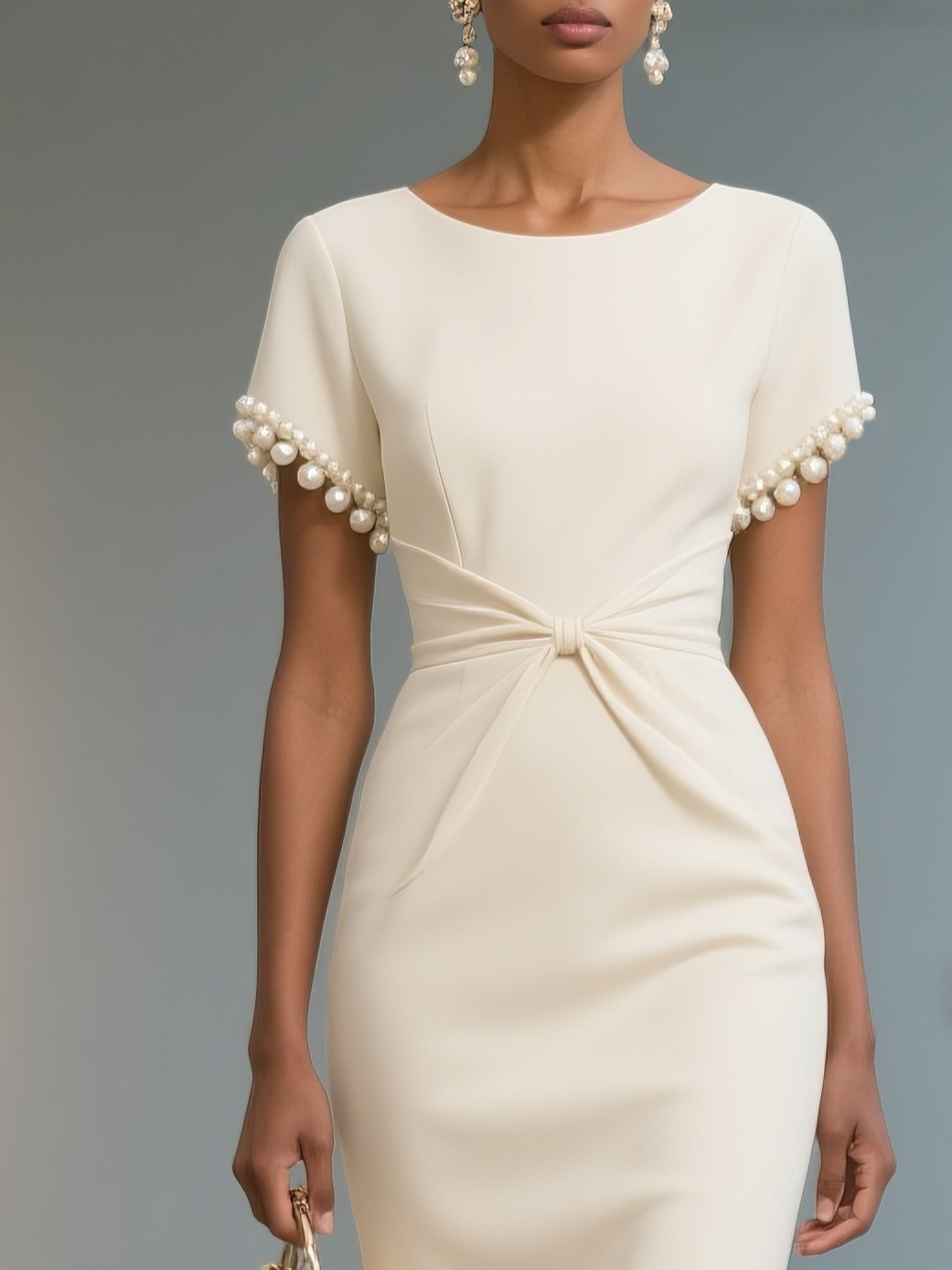 White Faux Pearl Knot Front Classic Boat Neck Short Sleeve Sheath Midi Dress