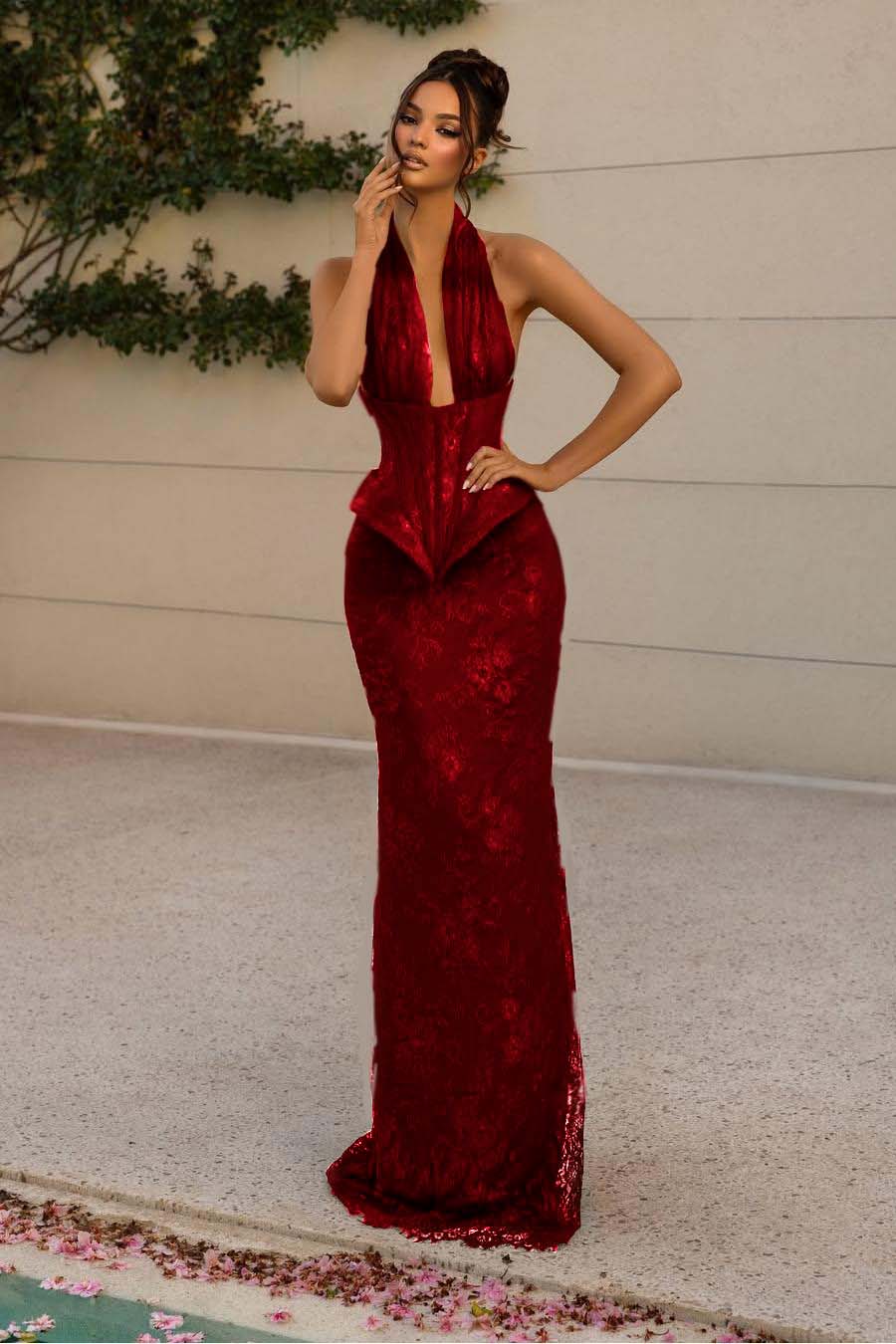 Halter V Neck Sleeveless Long Mermaid Prom Dress With Appliques WQ0176