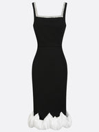 Black Rhinestone Ruched Knit Square Neck Sleeveless Bodycon Midi Dress