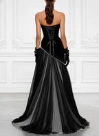 Cocoslly Strapless Sleeveless High Waist Long Prom Dress With Rhinstone | Black Satin And Chiffon CO0128
