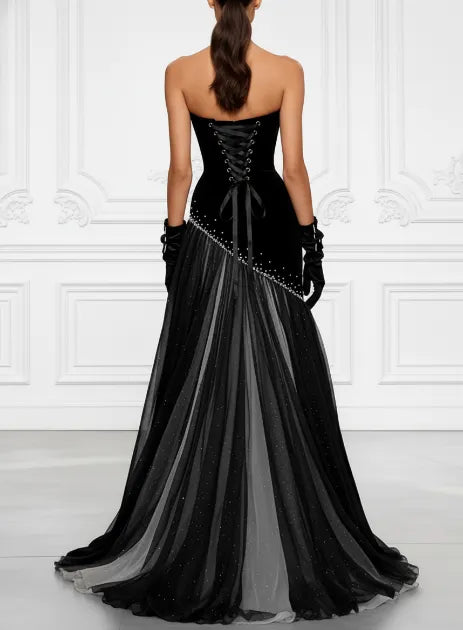 Cocoslly Strapless Sleeveless High Waist Long Prom Dress With Rhinstone | Black Satin And Chiffon CO0128
