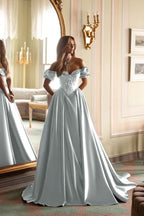 Satin V-Neck Off-The-Shoulder Short Sleeves Long A-Line Prom Dress With Embroidered And Pleated WQ0422