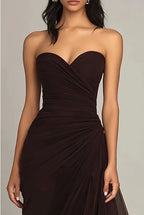 Cocoslly Sweetheart Strapless Sleeveless High Waist Long Prom Dress With Ruffles | Brown Chiffon CO0129
