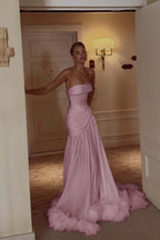 Cocoslly Strapless Sleeveless Long Pleated Prom Dress With Feathers | Ivory Satin ZA0210