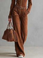 Retro Western Tan Faux-Suede Collared Zip-Front Wide-Leg Jumpsuit